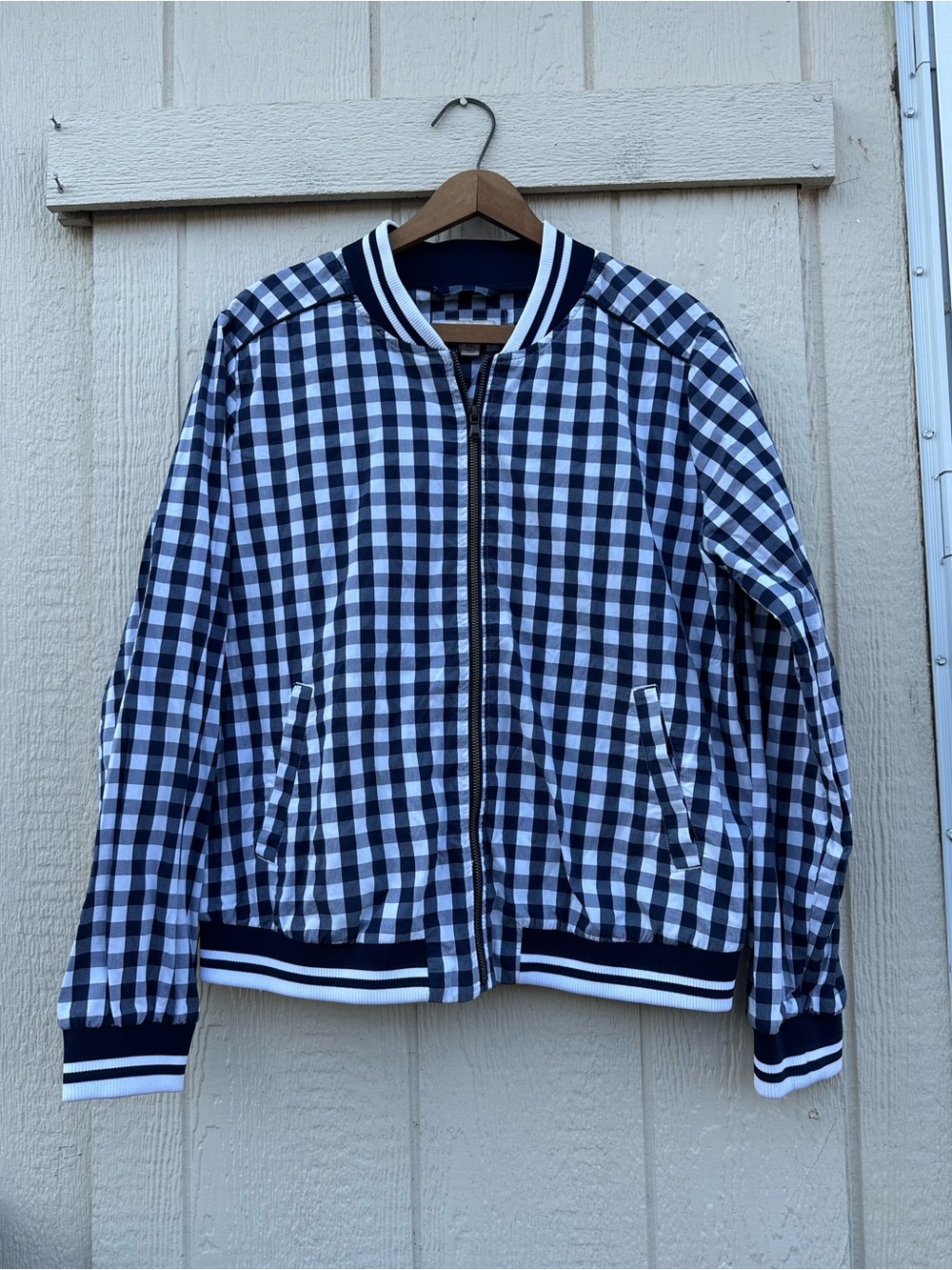 Merona Navy and White Gingham Bomber Jacket